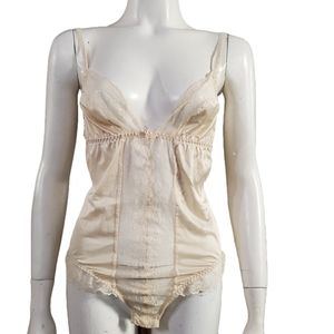 VTG 80's Ce Soir Cream Lace Hi-Cut Snap-On Bodysuit Lingerie